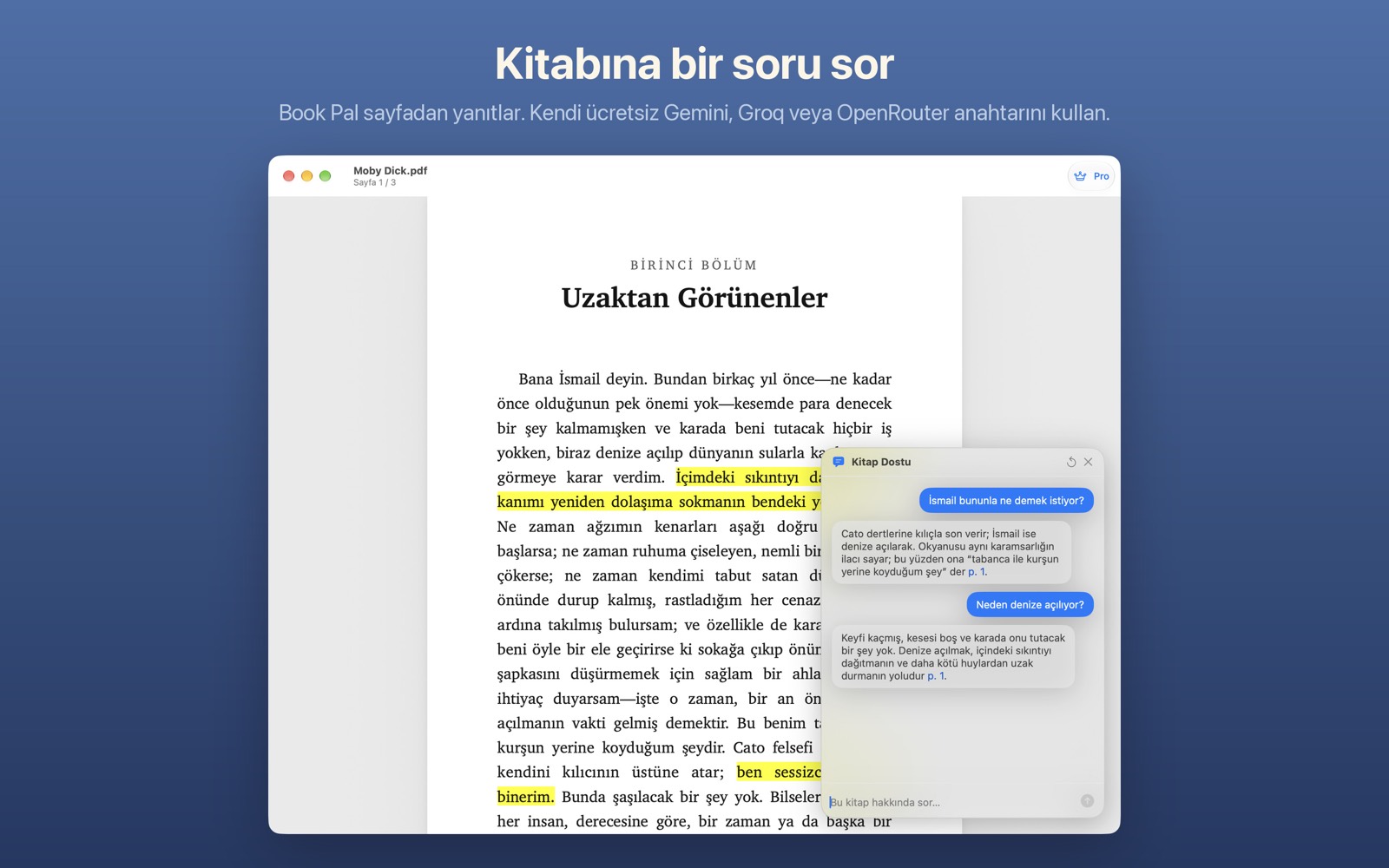 Kitap sayfası üzerinde Book Pal sohbet balonu