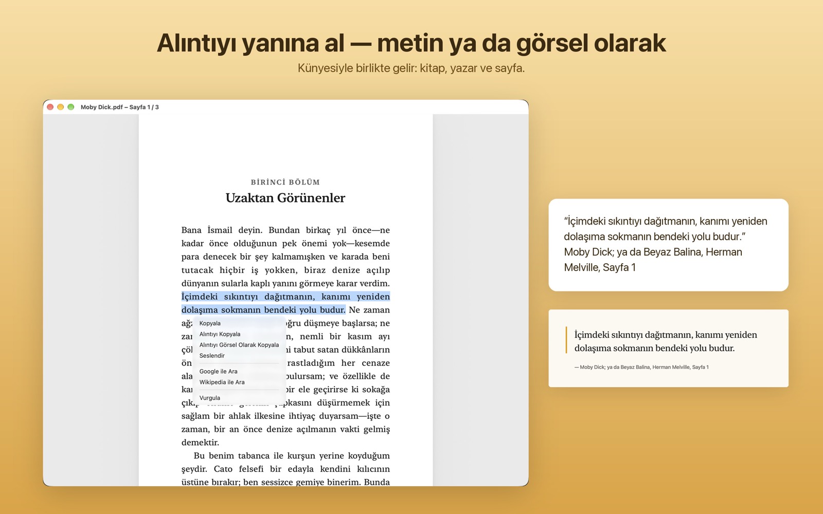 Bağlam menüsünde alıntıyı kopyala ve görsel olarak kopyala