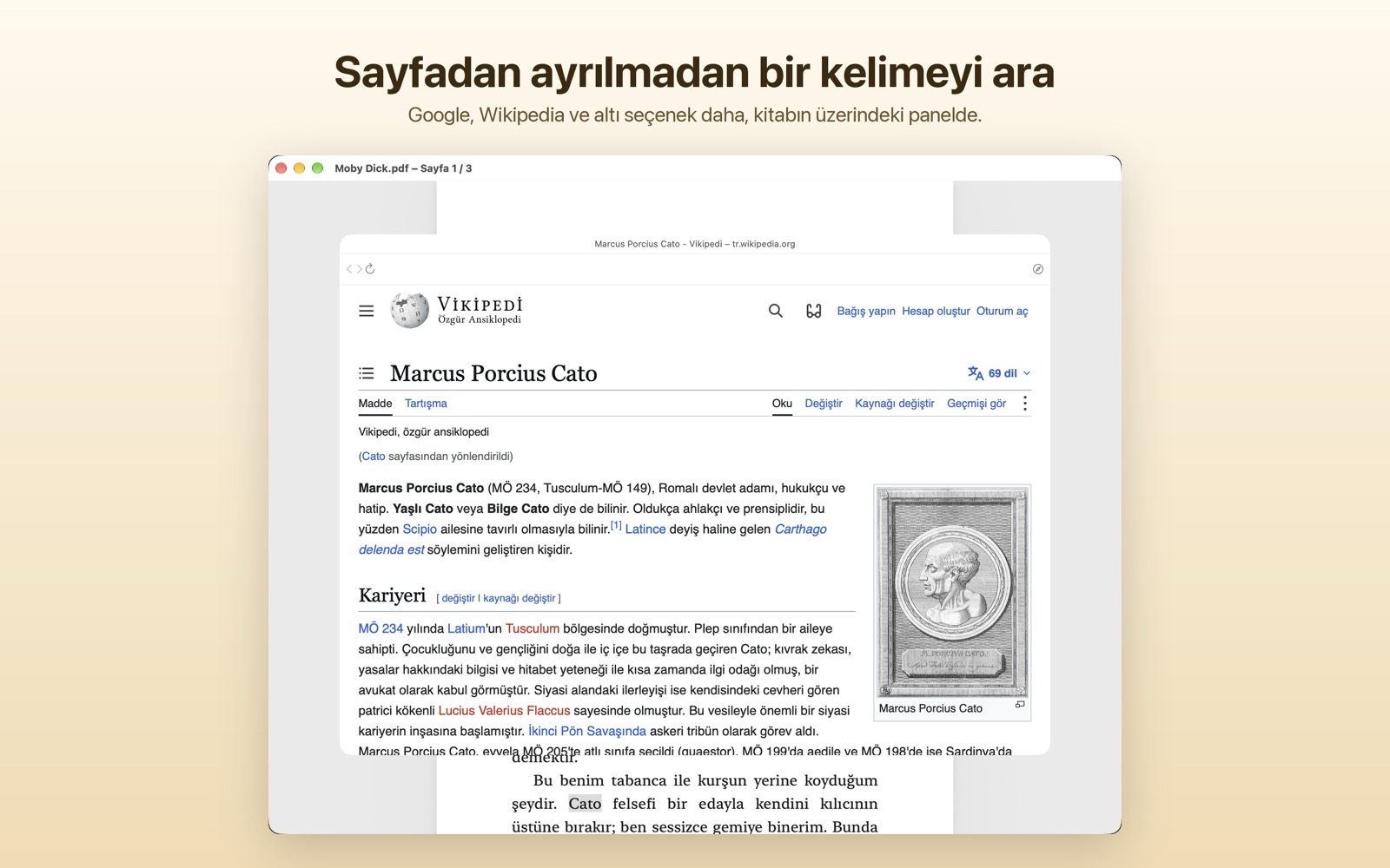 PDF sayfası üzerinde arama penceresi