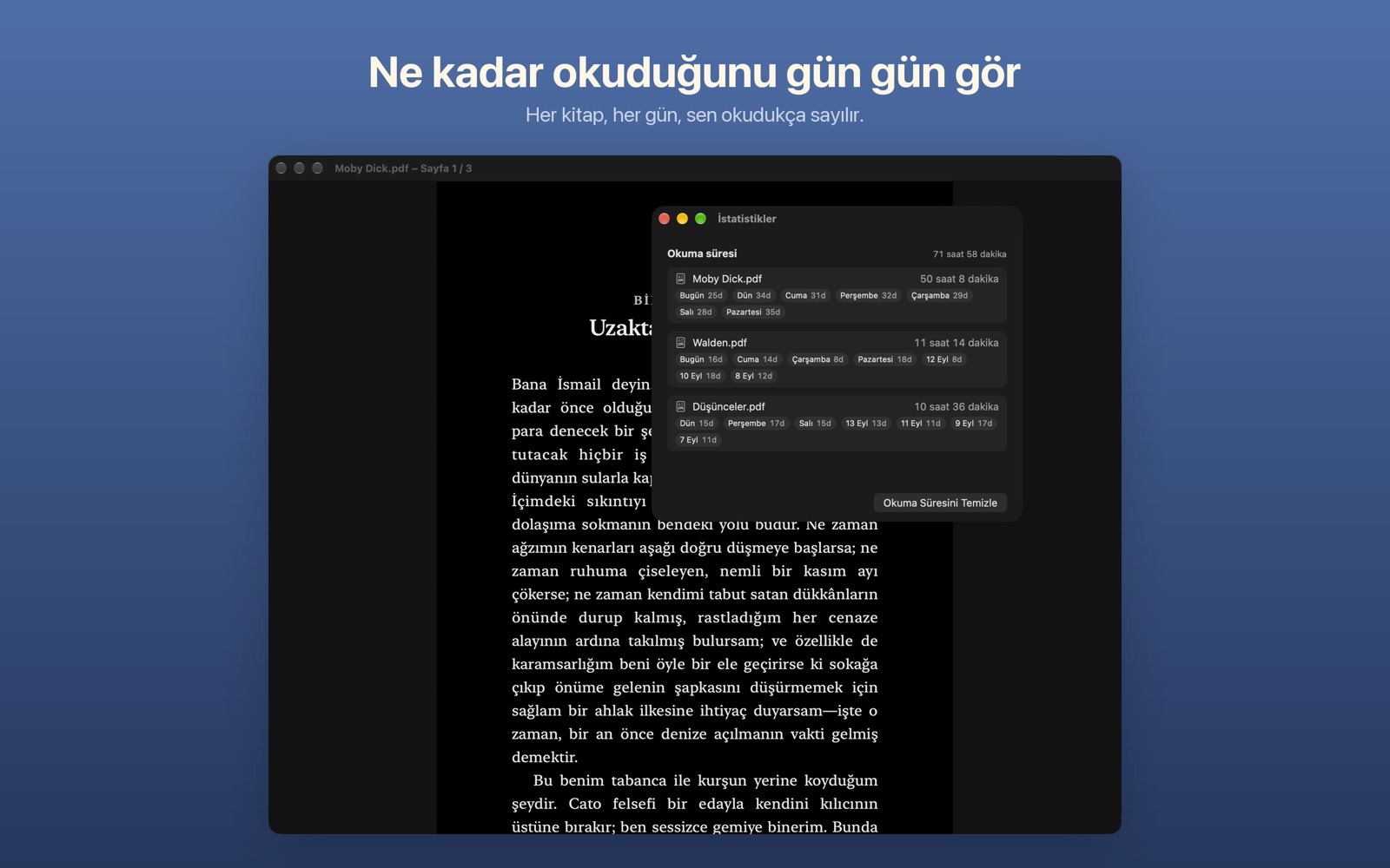 Kitap ve güne göre okuma süresini gösteren istatistik penceresi